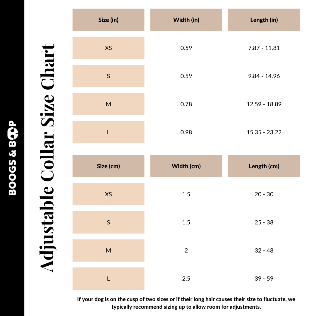 Boogs & Boop Adjustable Corduroy Dog Collar - Rust Size Chart Guide.