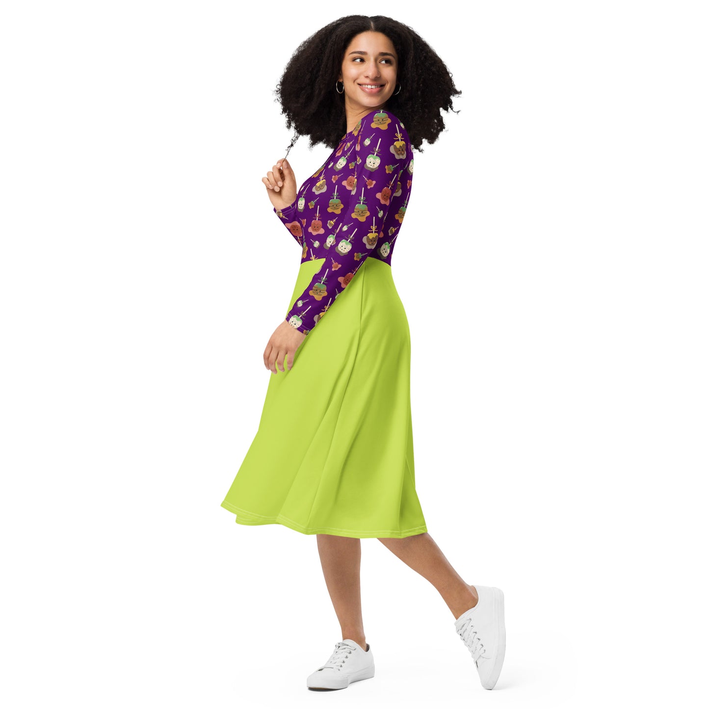 Shop printed purple and lime green Caramel Apple Long Sleeve Midi Dress by Boogs & Boop.