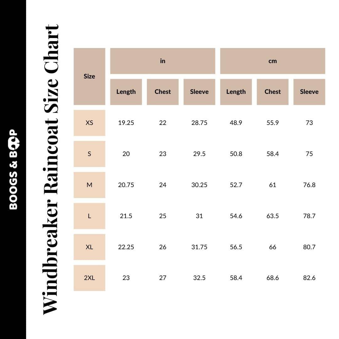 Boogs & Boop Signature Print Dog Mom Cropped Windbreaker Raincoat Size Chart Guide.