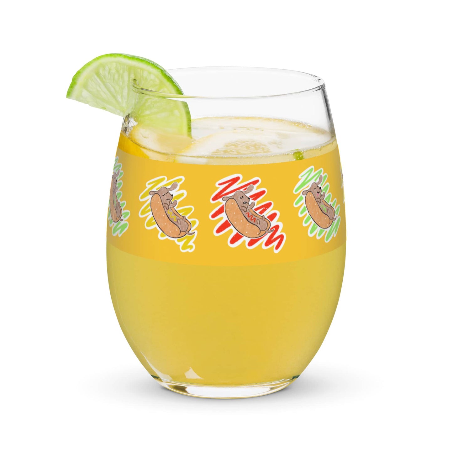 Shop Hot Dog Lover Stemless Wine Glass (15 oz) by Boogs & Boop.
