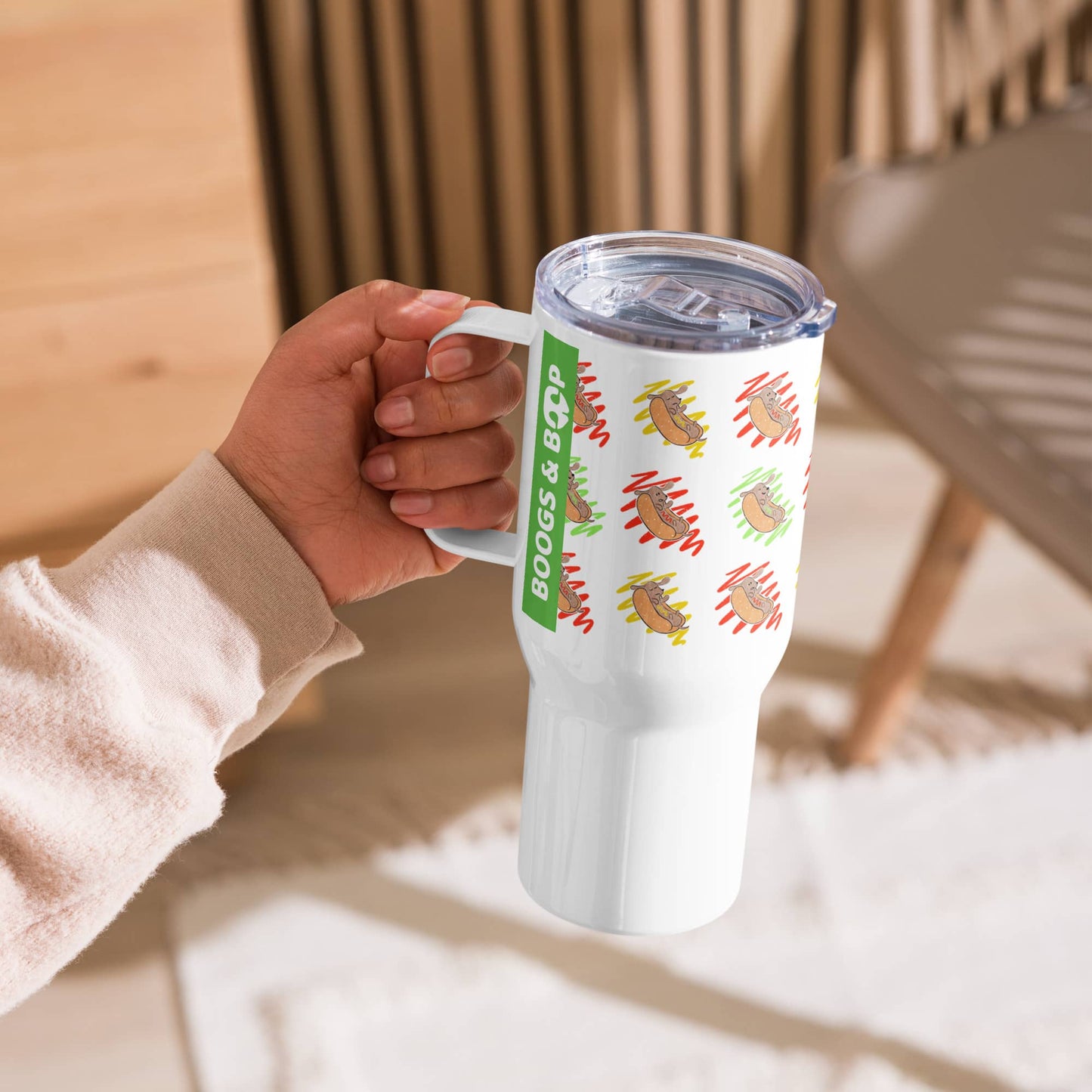 Shop Hot Dog Lover Travel Mug with handle for Dachshund owners.