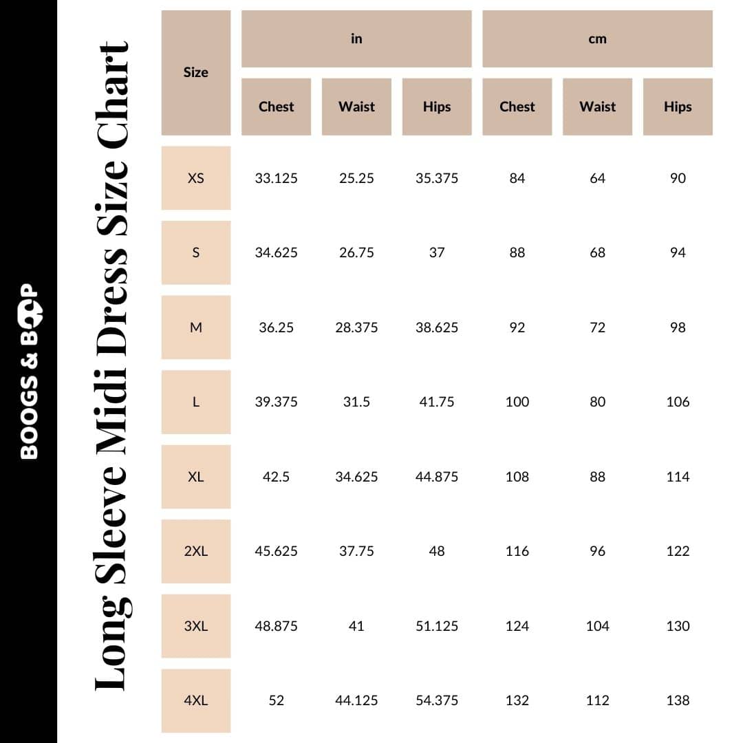 Boogs & Boop Caramel Apple Long Sleeve Midi Dress Size Chart Guide.