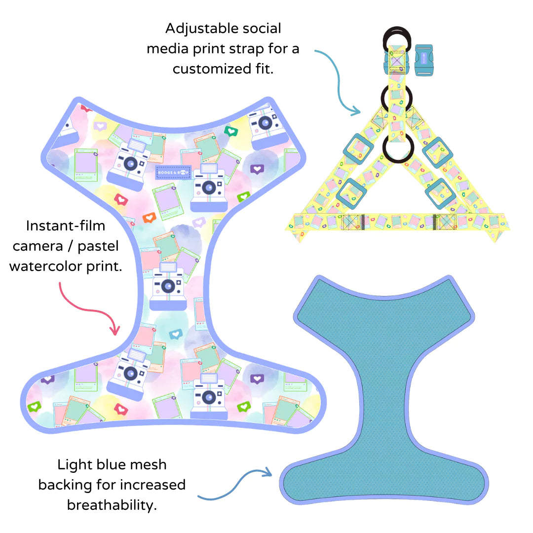 View Step-In Pawlaroid Pupfluencer Print Dog Harness Features & Design by Boogs & Boop.