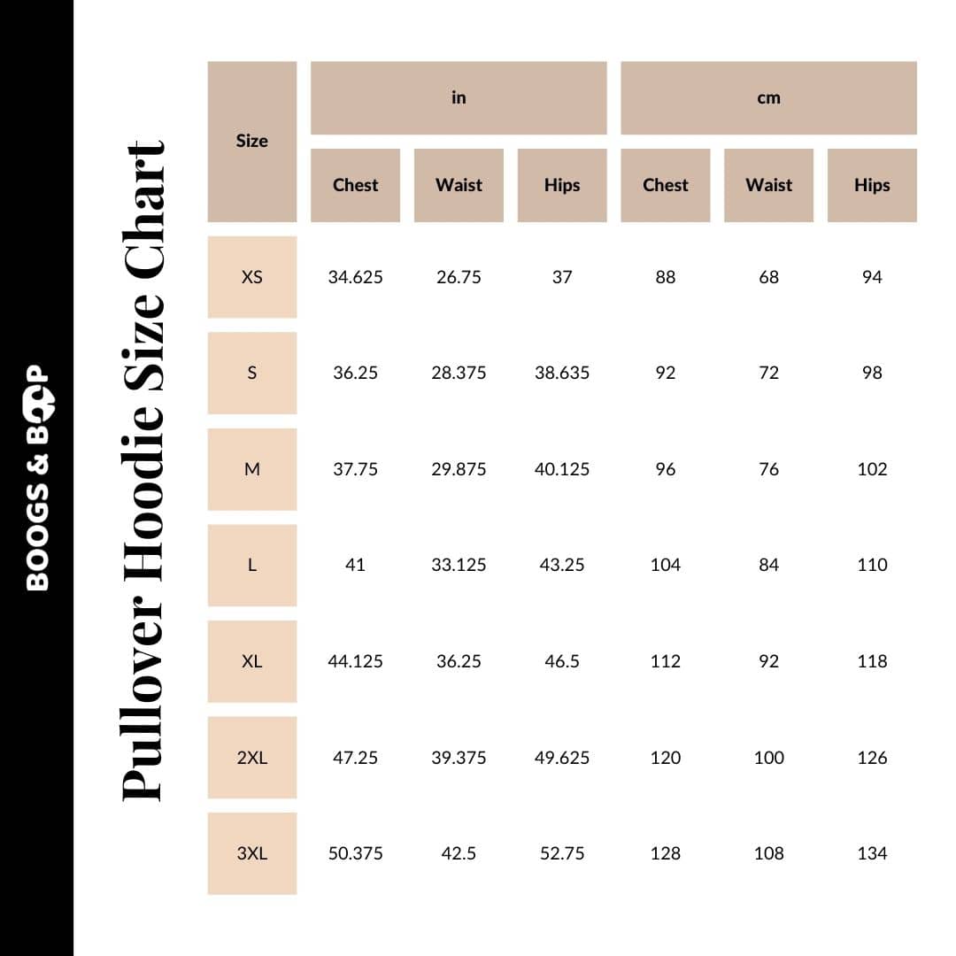 Boogs & Boop Astro-Mutts Unisex Pullover Hoodie Size Chart Guide.