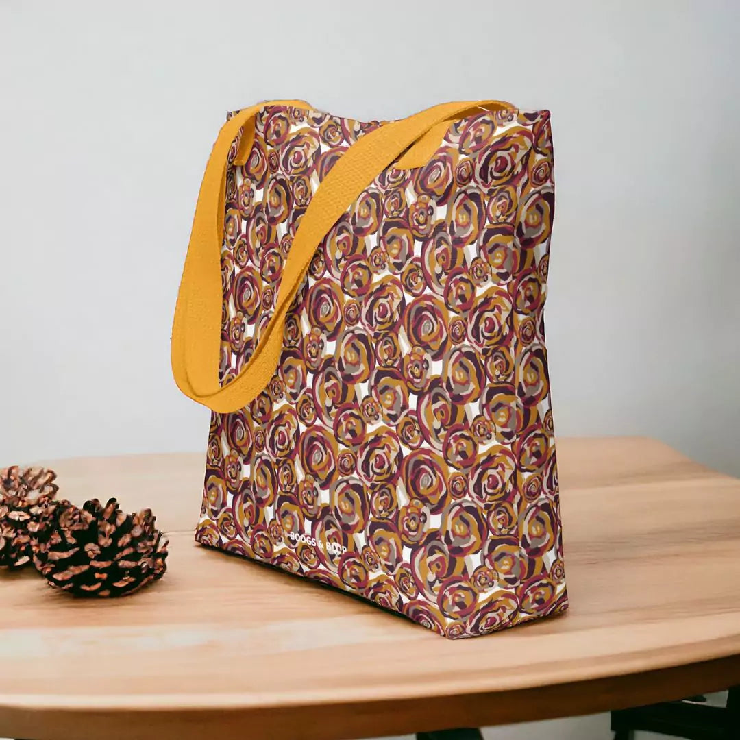 Shop floral Roses Are Red Tote Bag with yellow straps and canvas fabric by Boogs & Boop.