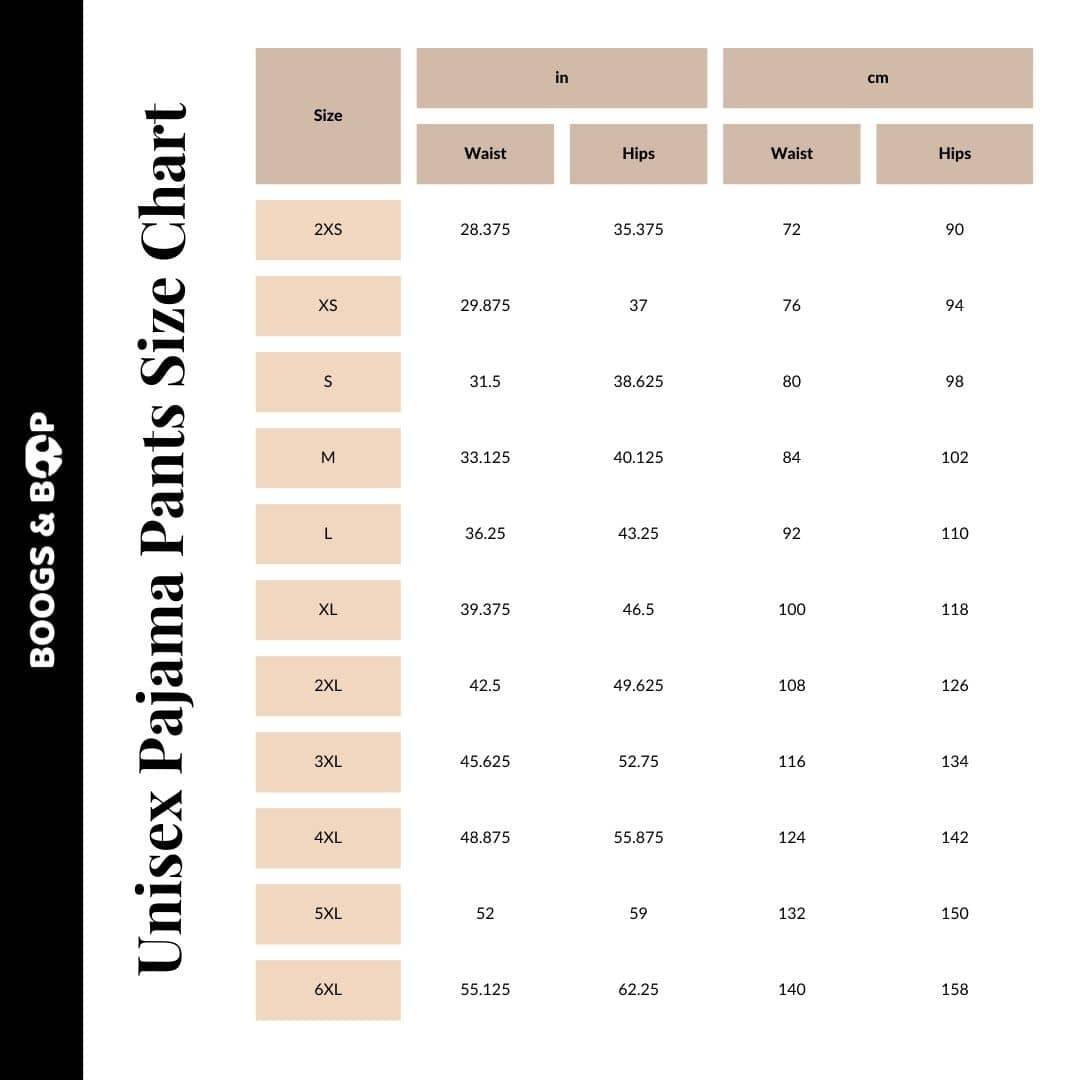 Astro-Mutt Unisex Pajama Pants Size Guide Chart by Boogs & Boop.