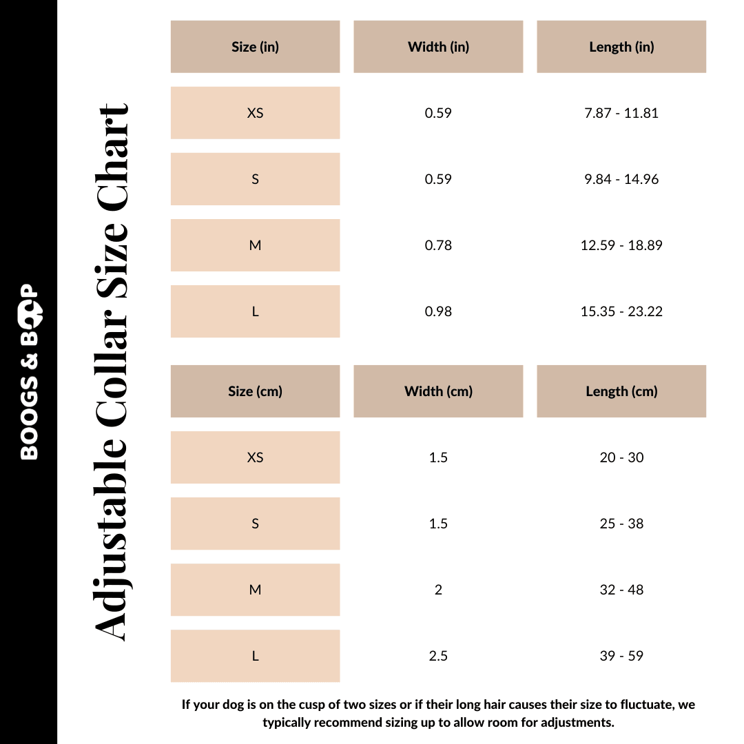 Boogs & Boop Adjustable Corduroy Dog Collar - Moss Size Chart Guide.