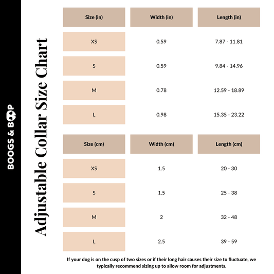 Boogs & Boop Adjustable Signature Print Dog Collar Size Chart Guide.