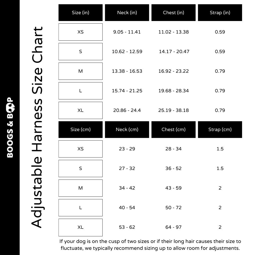 Adjustable Summer Color Block Dog Harness - Tropical Punch Pink Size Chart Guide by Boogs & Boop.