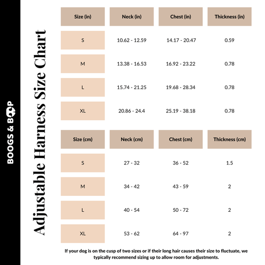 Boogs & Boop Adjustable Harness Size Chart Guide.