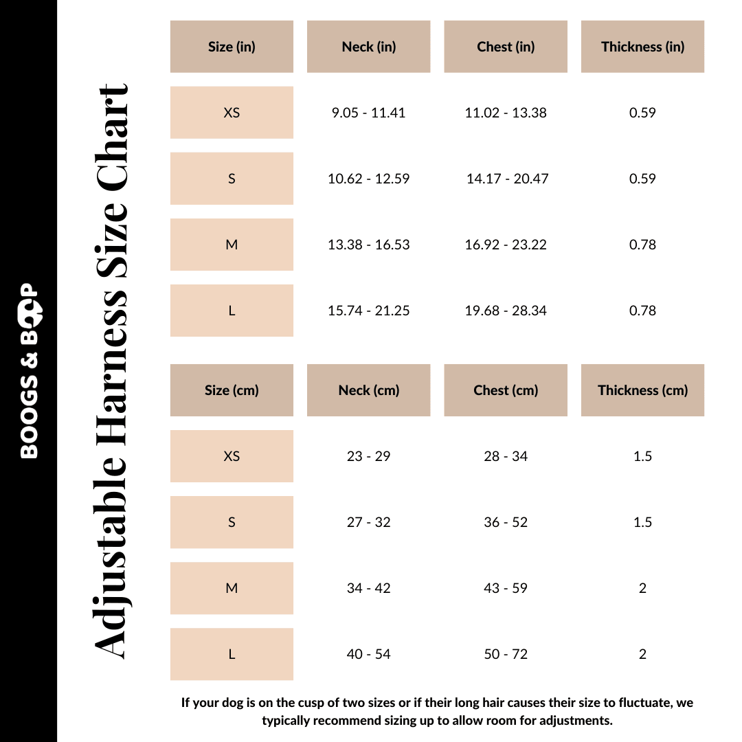 Boogs & Boop Adjustable Corduroy Dog Harness - Berry Size Chart Guide.