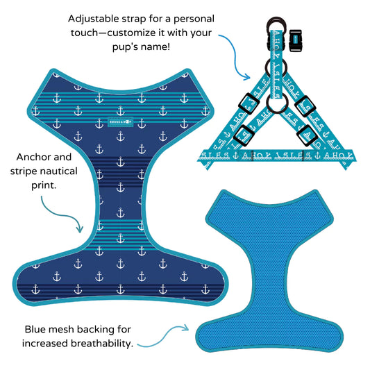 View Personalized Step-in Ahoy Matey Dog Harness Features & Design by Boogs & Boop.
