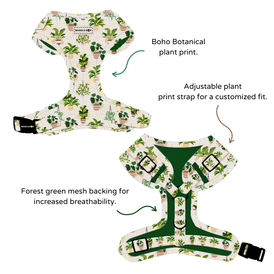 View Adjustable Boho Botanical Dog Harness Features & Design by Boogs & Boop.