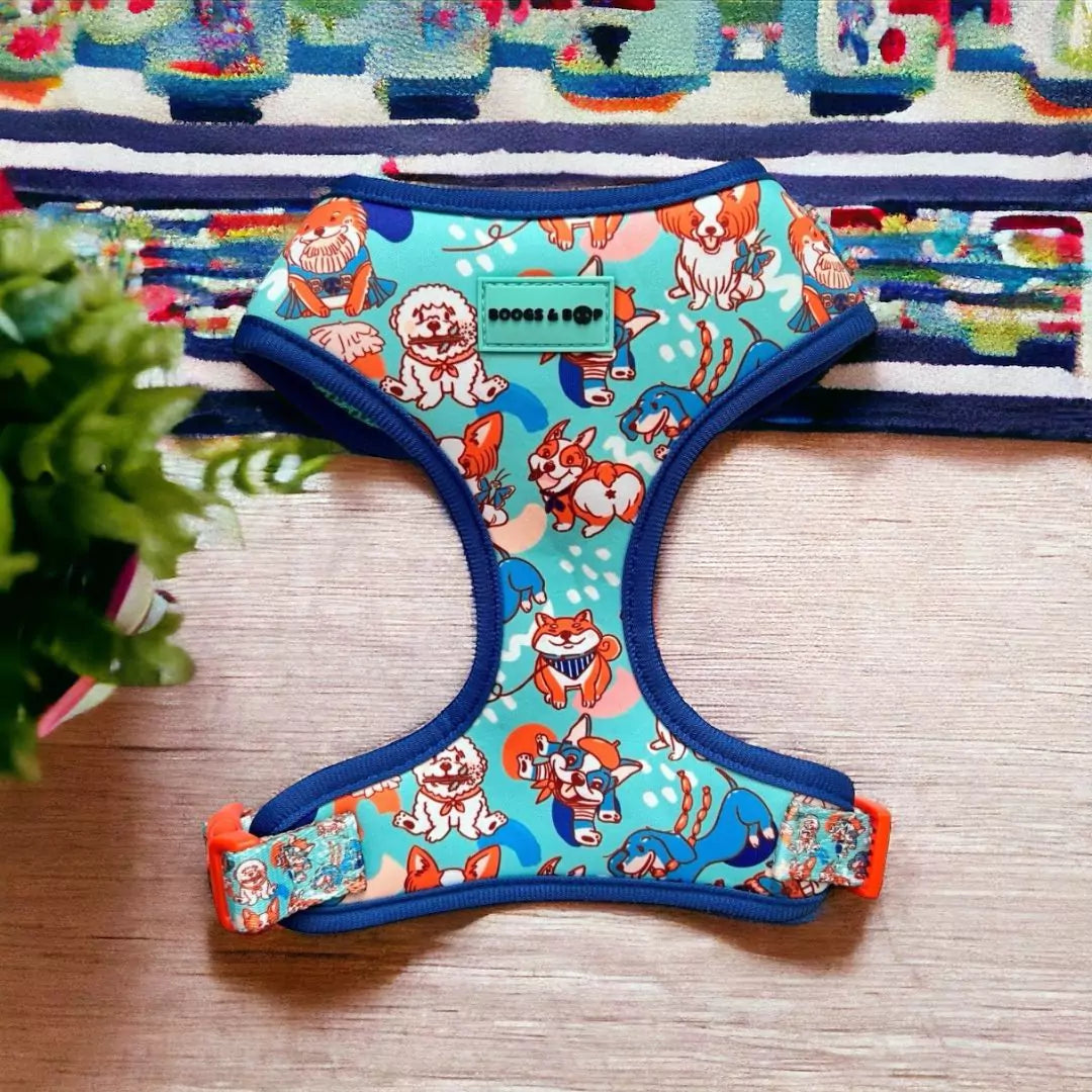 Shop Colorful Adjustable Beloved Breeds Dog Harness by Boogs & Boop, Featuring Corgis, Coton de Tulears, Dachshunds, French Bulldogs, Papillons, Pomeranians, and Shiba Inus.