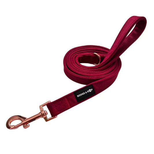 Shop Corduroy Fabric Dog Leash With Rose Gold Hardware - Berry Red by Boogs & Boop.