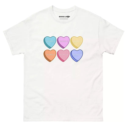 Shop Personalized Valentine's Conversation Hearts T-Shirt by Boogs & Boop.