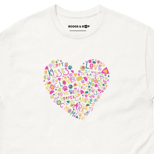 Shop Dog Mom Word Cloud Heart T-Shirt by Boogs & Boop for Valentine's Day.