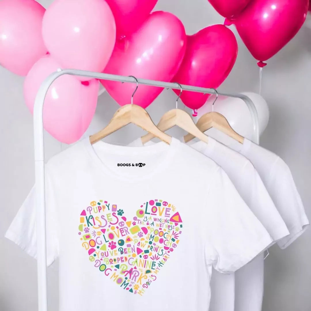 Shop Word Cloud Heart T-Shirt For Dog Moms by Boogs & Boop for Valentine's Day.