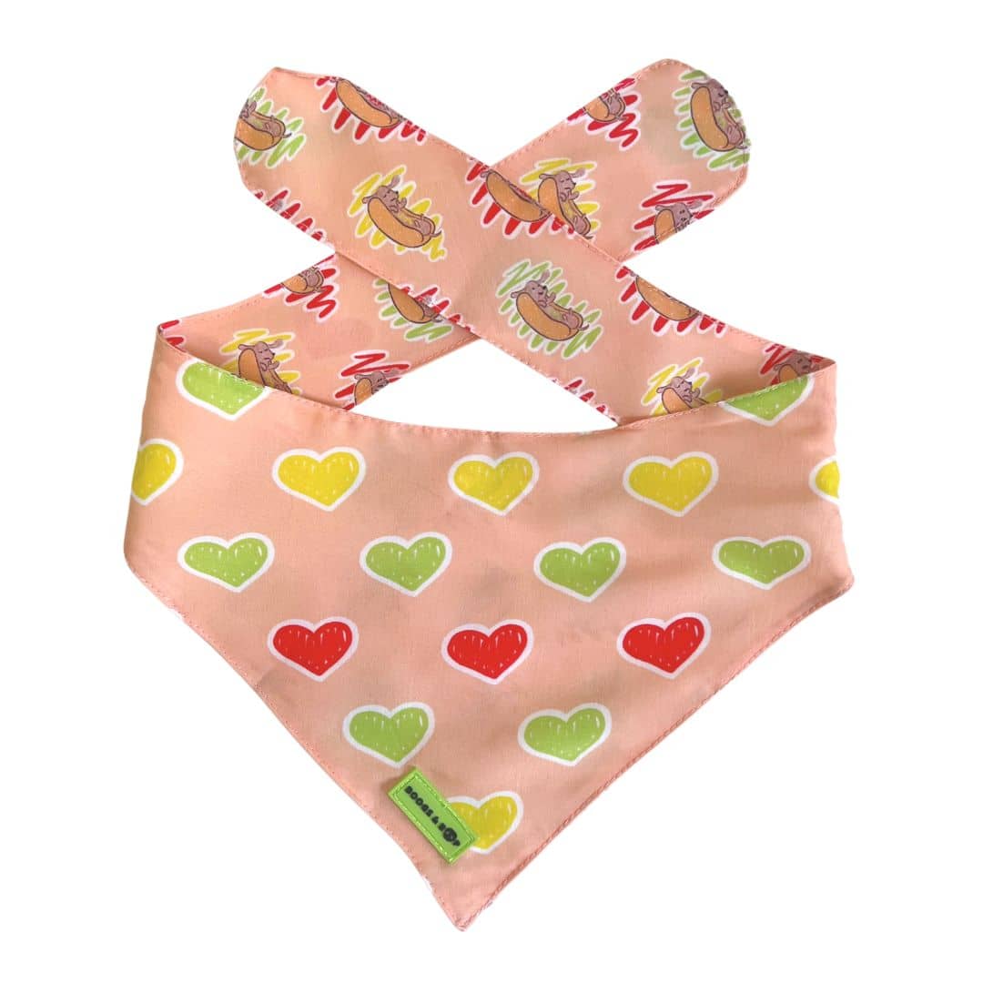 Hot Dog Lover Tie-on Dog Bandana with Hearts by Boogs & Boop.