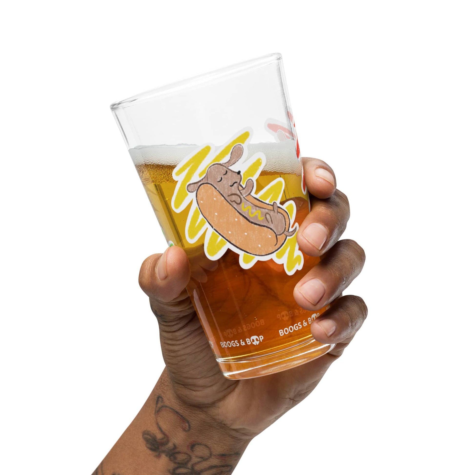 Drink up with Hot Dog Lover Shaker Pint Glass (16 oz) by Boogs & Boop.
