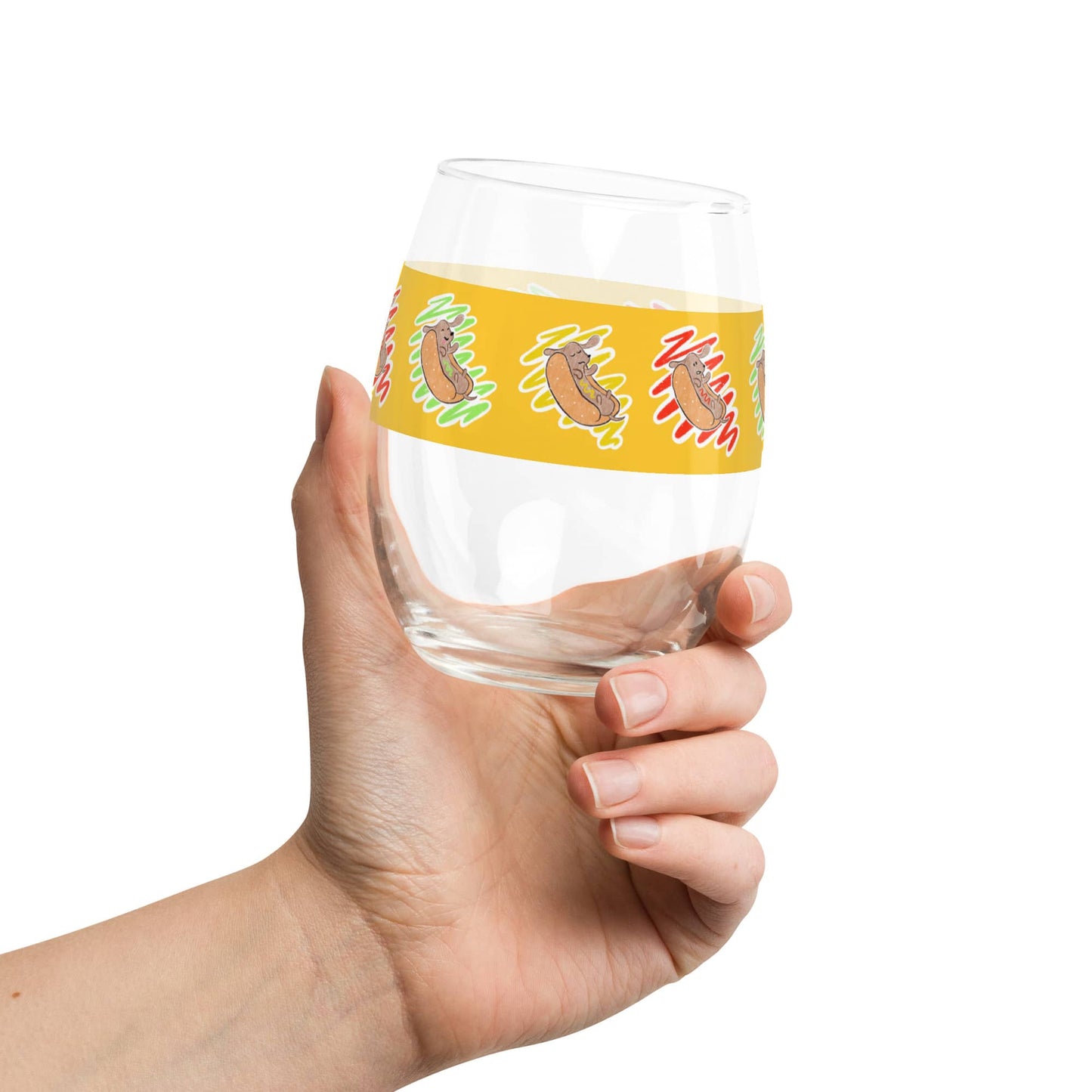 Shop Hot Dog Lover Stemless Wine Glass for Dachshund lovers.