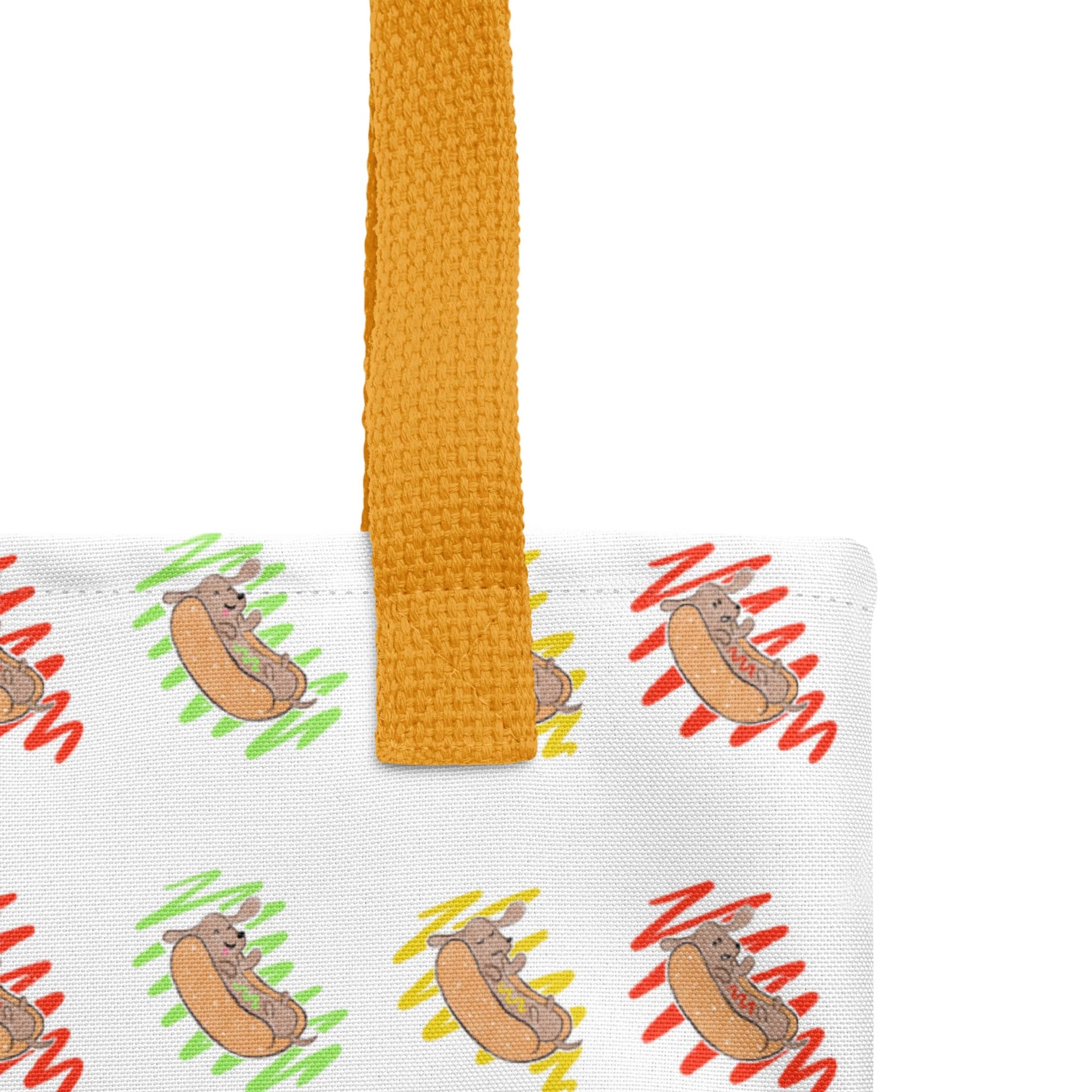 Shop Hot Dog Lover Tote Bag with yellow straps by Boogs & Boop.
