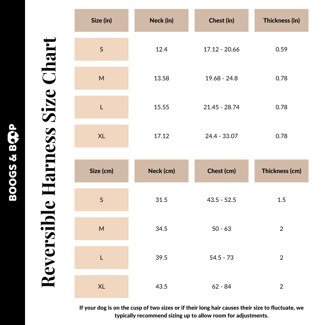 Boogs & Boop Reversible Harness Size Chart Guide.