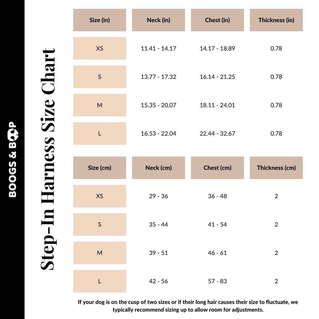 Boogs & Boop Personalized Step-In I Heart You Dog Harness Size Chart Guide.