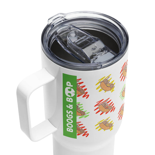 Shop Hot Dog Lover Travel Mug with lid by Boogs & Boop for Dachshund owners.