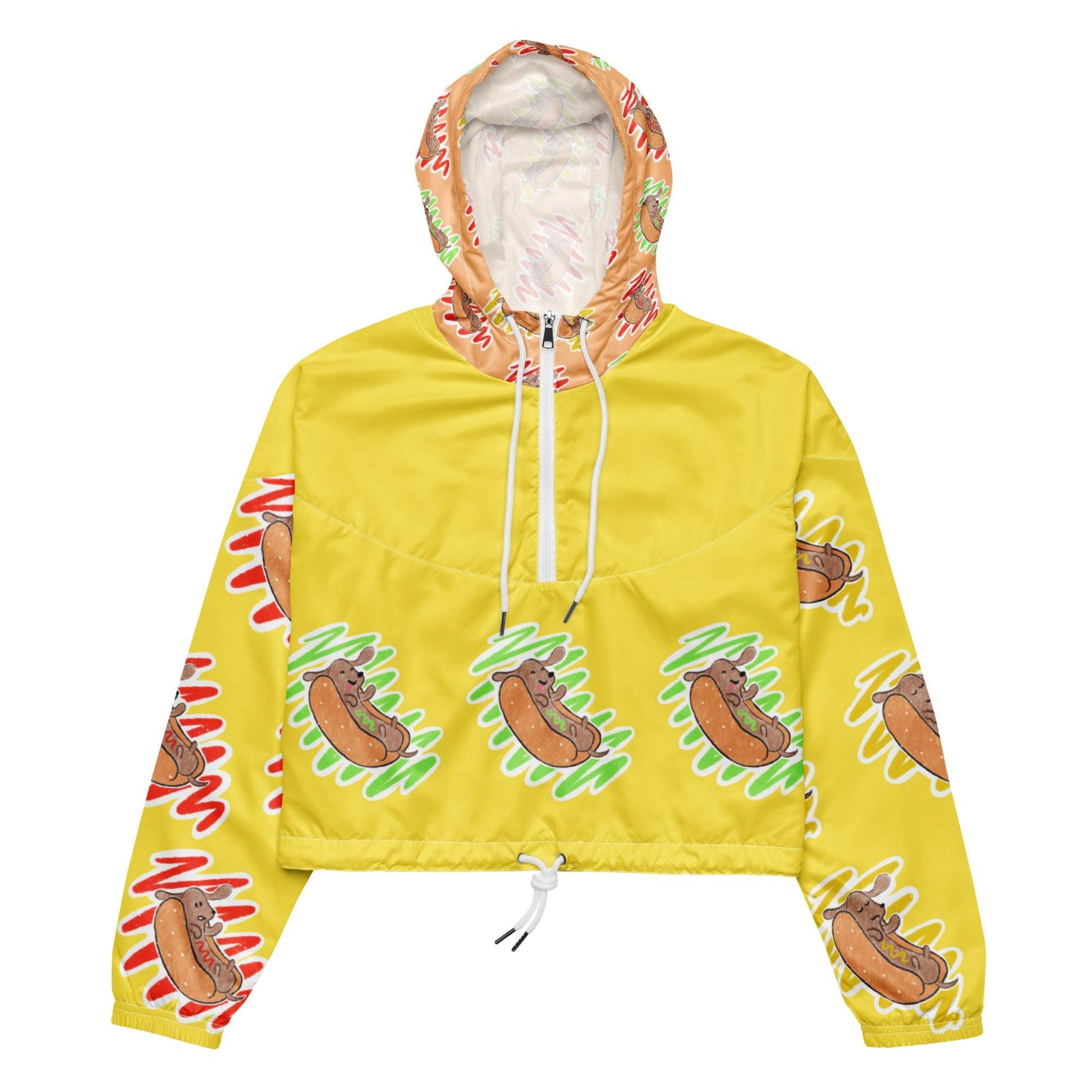Shop Yellow Hot Dog Print Cropped Windbreaker by Boogs & Boop